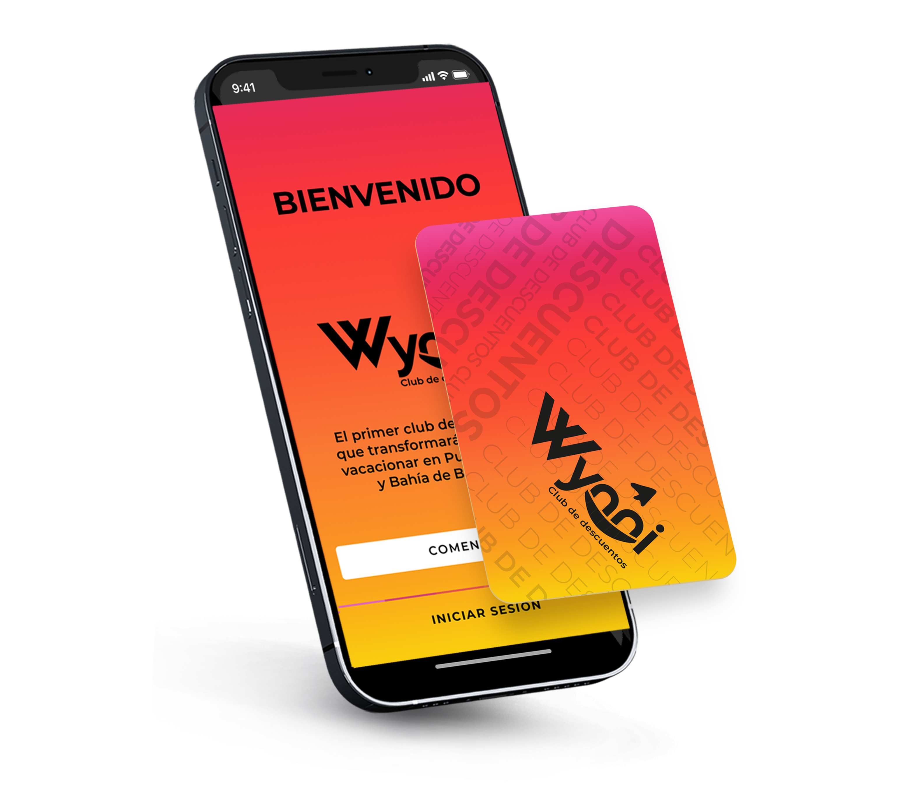 App de Wynni en teléfono con tarjeta del club